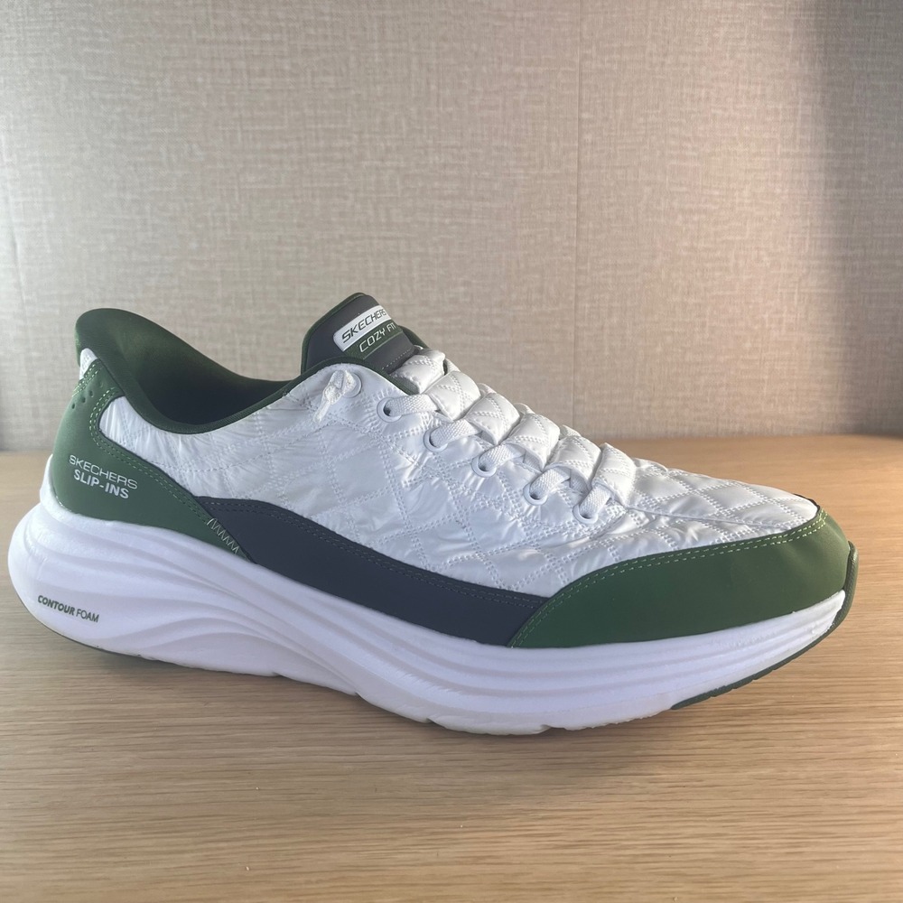 Skechers Slip-Ins Cozy Fit Mens 13 White Green Navy Walking Shoes Hands Free
